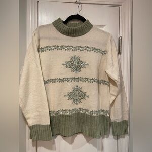 VTG JENNY Size L Snowflake Sweater Beaded Sequin Knit Winter Holiday Green Cream